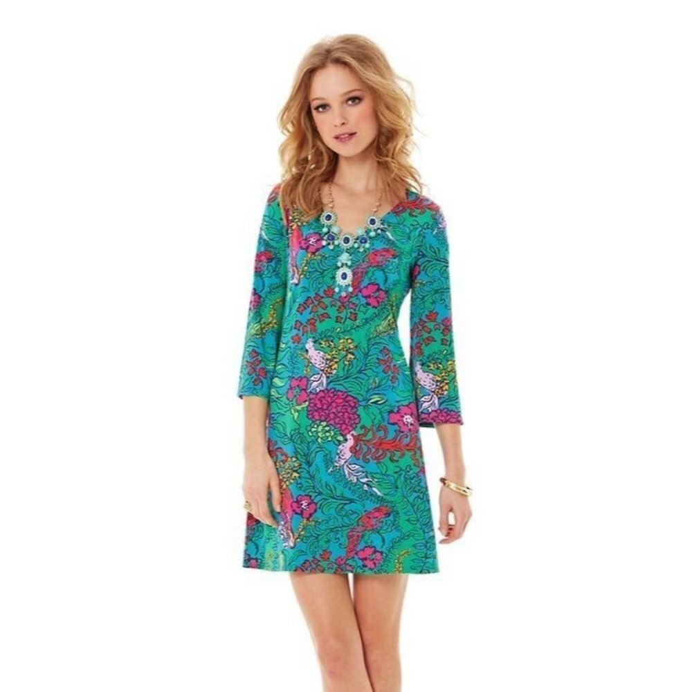 Lilly Pulitzer Shake Your Tailfeather Womens Small Vneck Bell Sleeve Blue Multi